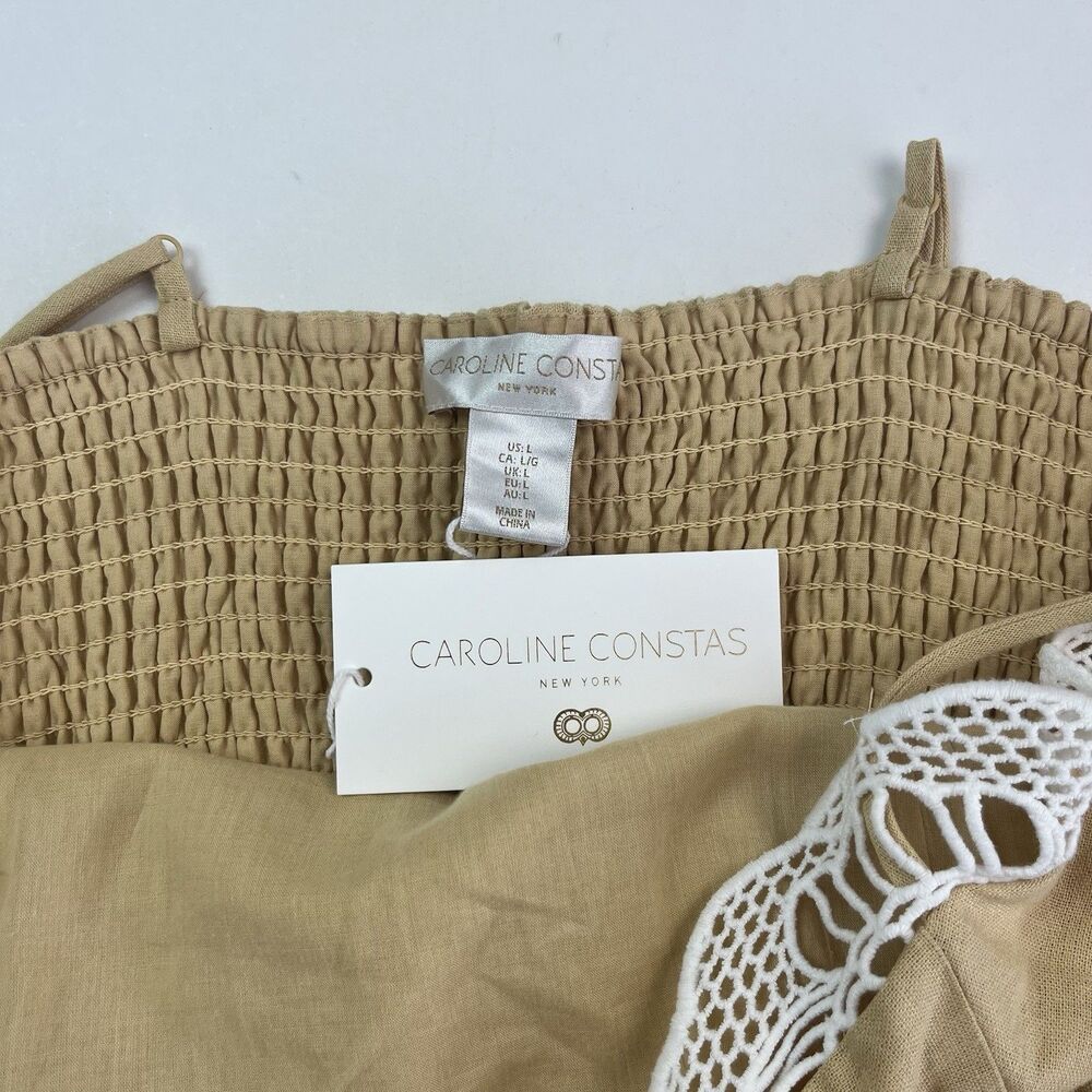 Caroline Constas Linen Midi Dress L Crochet Lace Trim Resort Coastal Boho Chic - Picture 6 of 15